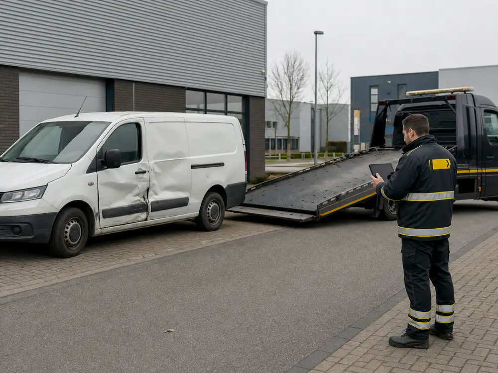 Witte bestelbus met schade aan de schuifdeur op een bedrijventerrein, met de oprijwagen ernaast