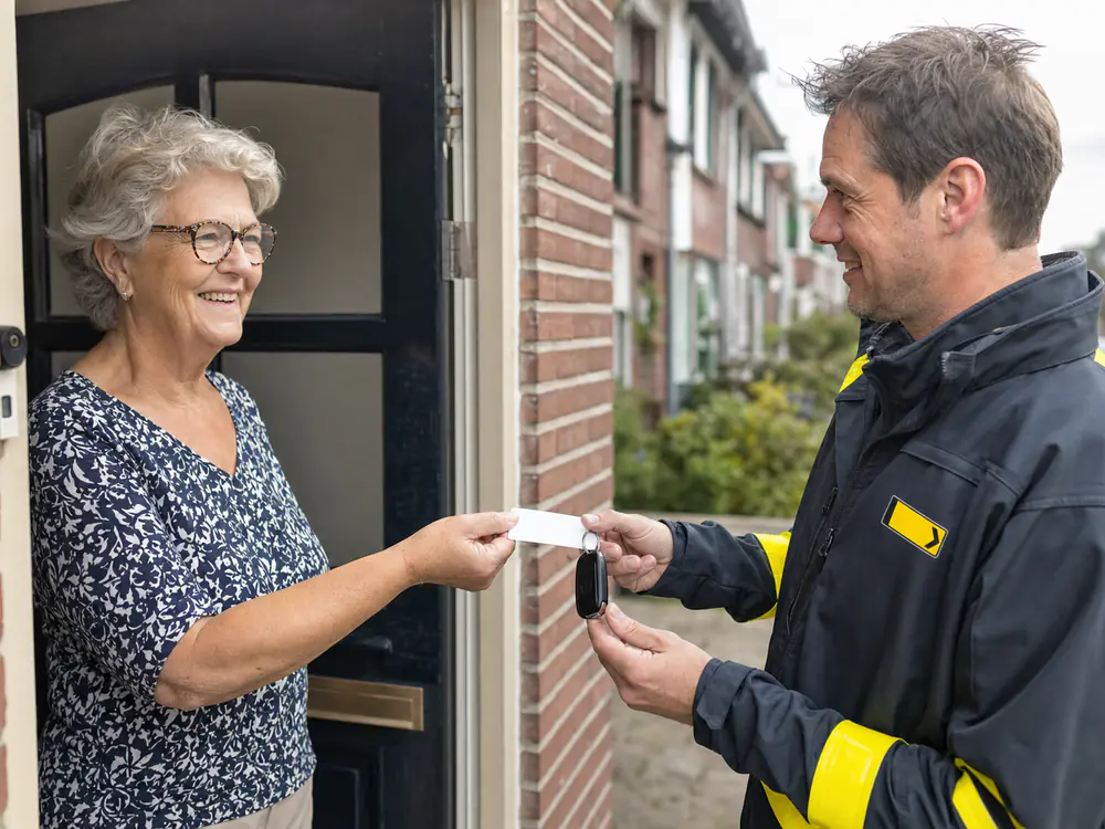 Oudere bewoonster geeft haar kentekencard en autosleutel aan een medewerker bij de voordeur