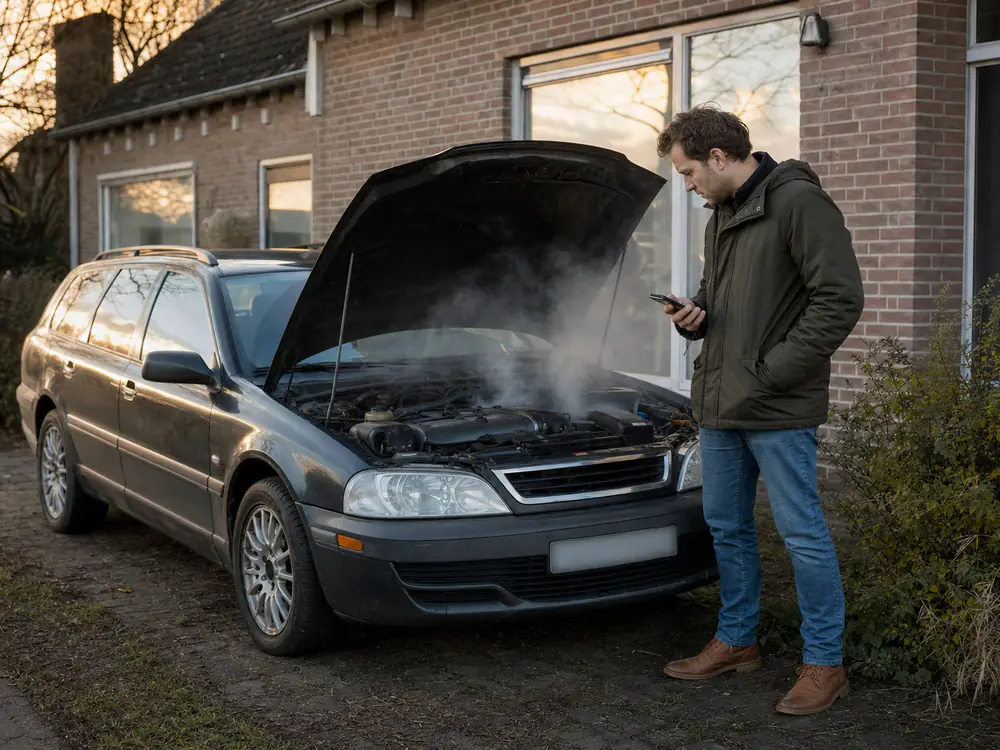 Bezorgde eigenaar kijkt onder de open motorkap van zijn stationwagen waar rook uit komt