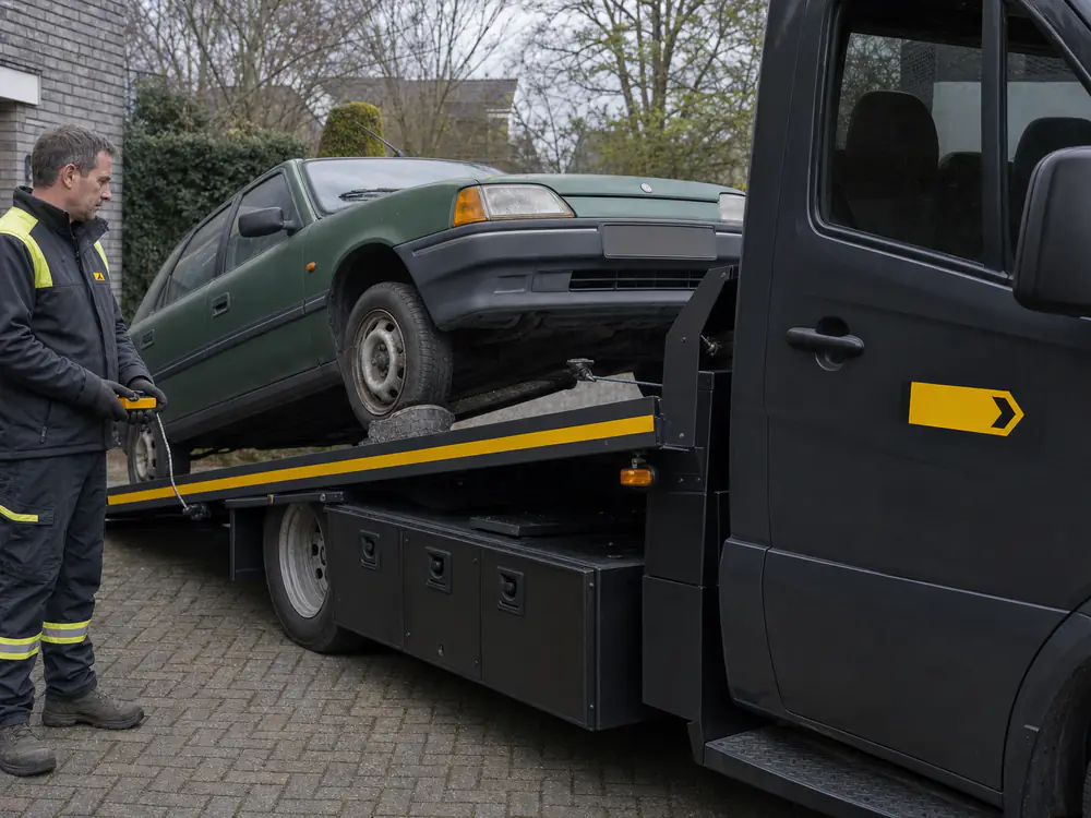Oude groene auto met een lekke voorband wordt met de lier de oprijplaat op getrokken