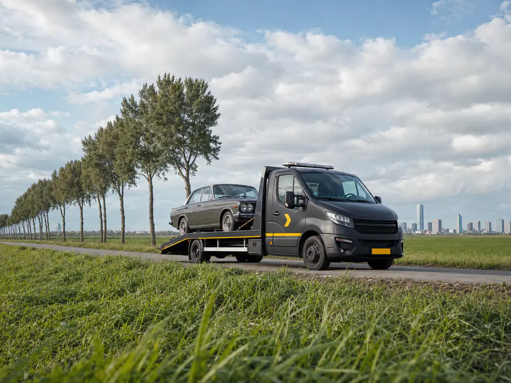 Oprijwagen met een oude auto op een dijkweg door de polder met populieren