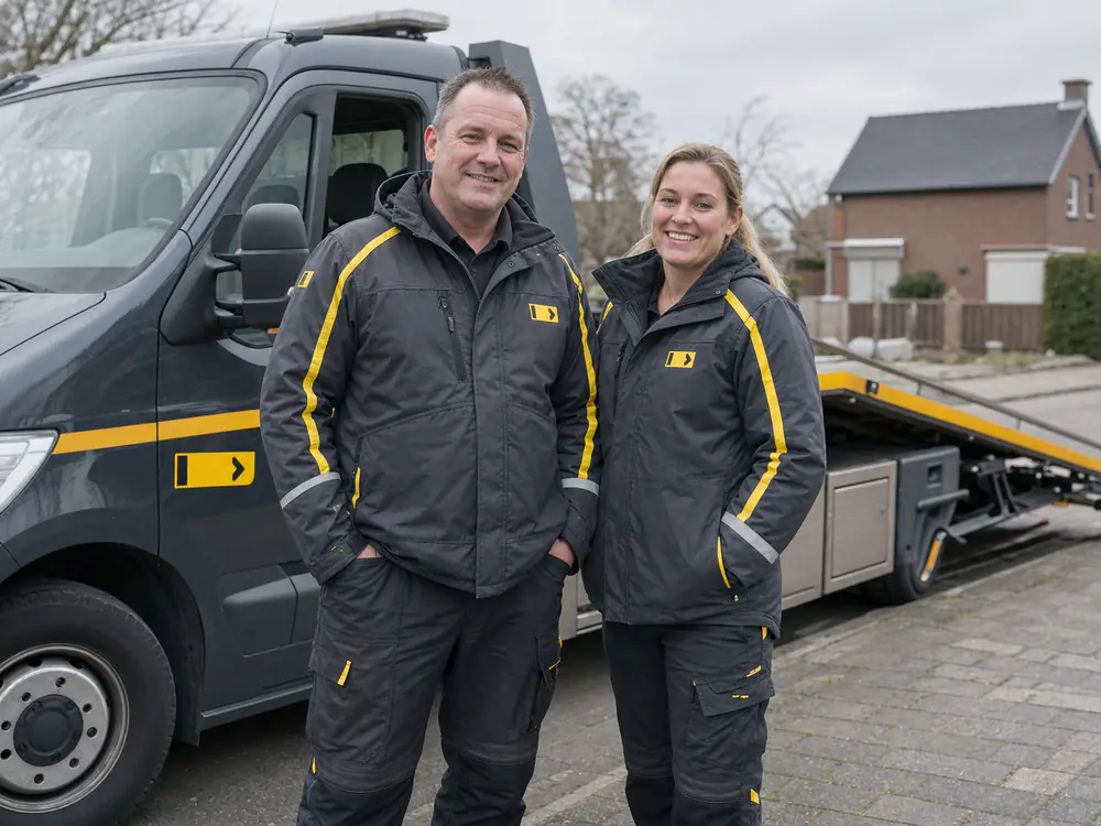 Twee medewerkers van Autosloperij Direct voor de antraciet oprijwagen met het gele merk