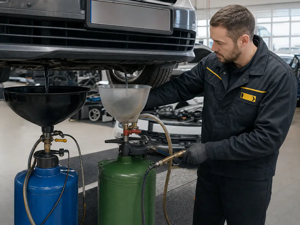 Medewerker tapt motorolie en koelvloeistof af in gesloten opvangvaten