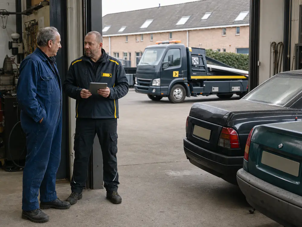 Garagehouder overlegt met een medewerker van Autosloperij Direct over twee afgeschreven auto's